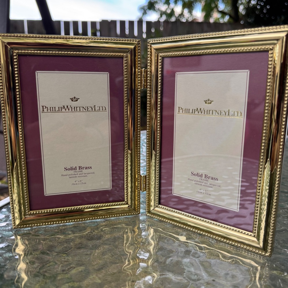 New Philip Whitney Ltd Solid Brass Double Picture Frame 4x6 Beaded Hinged Gold